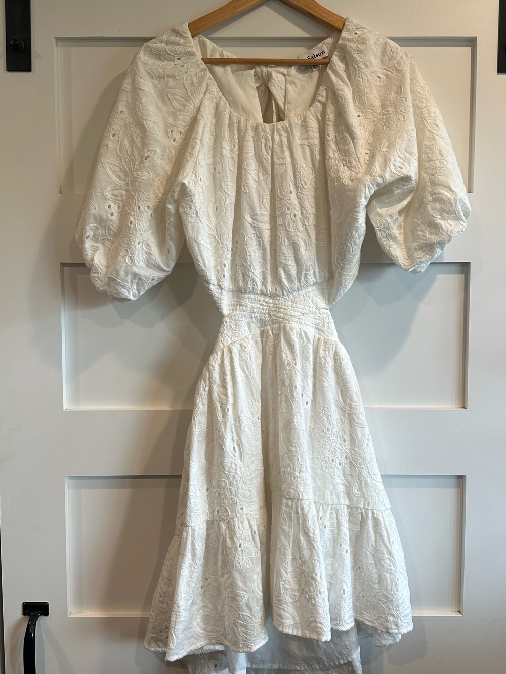 White Eyelet Puff-Sleeve Midi Dress